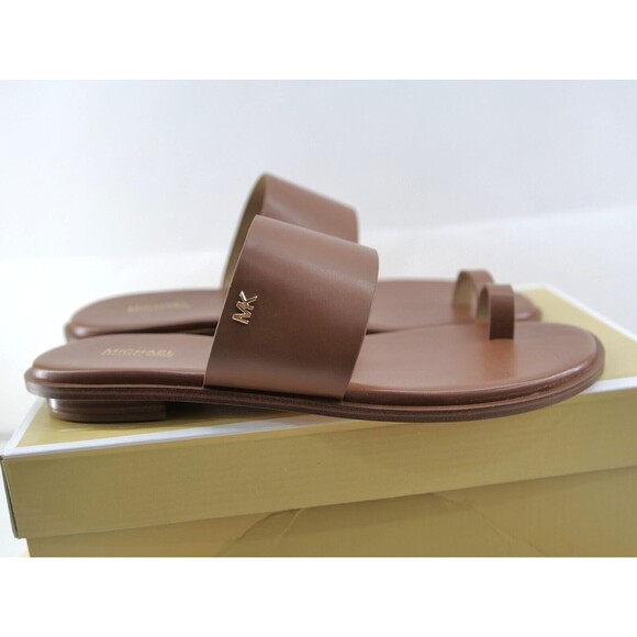 MICHAEL KORS August Toe Loop Flat Slip-on Sandals Brown Luggage Leather Size 9.5 - Picture 1 of 12